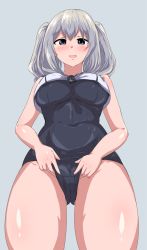 Rule 34 | 1girl, :d, adjusting clothes, alternate costume, blue eyes, blush, cosplay, crotch, from below, grey background, highres, kantai collection, kashima (kancolle), looking at viewer, looking down, open mouth, ro-500 (kancolle) (cosplay), ro-500 (kancolle), school swimsuit, school uniform, senshiya, serafuku, silver hair, simple background, smile, solo, swimsuit, swimsuit under clothes, twintails