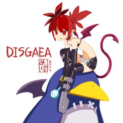 Rule 34 | 1girl, absurdres, bandeau, black bandeau, black thighhighs, copyright name, dated, demon girl, demon tail, demon wings, disgaea, earrings, etna (disgaea), flat chest, highres, jewelry, mibushido (milking), pointy ears, prinny, red hair, simple background, sitting, skull earrings, solo, tail, thighhighs, white background, wings