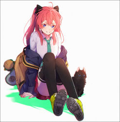 Rule 34 | 1girl, animal, black cat, black jacket, black thighhighs, blue eyes, blush, cat, closed mouth, collared shirt, fingernails, flower, green necktie, hair between eyes, hakusai (tiahszld), has bad revision, has downscaled revision, jacket, long hair, long sleeves, looking at viewer, md5 mismatch, nail polish, necktie, off shoulder, original, pleated skirt, red eyes, red nails, red skirt, resolution mismatch, school uniform, shirt, shoe soles, shoes, sitting, skirt, sleeves past wrists, smile, solo, source smaller, thighhighs, white shirt, yellow flower