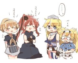 Rule 34 | ..., 4girls, apron, asymmetrical legwear, black dress, black shirt, blonde hair, blue eyes, blue shirt, breast pocket, breasts, brown hair, cleavage, closed eyes, collared shirt, cowboy shot, crying, crying with eyes open, dress, fingerless gloves, gambier bay (kancolle), gloves, hairband, intrepid (kancolle), iowa (kancolle), kantai collection, miniskirt, mismatched legwear, multicolored clothes, multicolored gloves, multiple girls, neckerchief, o o, open mouth, pocket, ponytail, rebecca (keinelove), remodel (kantai collection), saratoga (kancolle), shirt, short hair, short sleeves, side ponytail, simple background, skirt, smokestack, spoken ellipsis, striped clothes, striped thighhighs, tears, thighhighs, translation request, twintails, vertical-striped clothes, vertical-striped thighhighs, white background