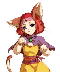 Rule 34 | 1girl, animal ears, blue eyes, blush, bob cut, brave story, brooch, capelet, cat ears, cat tail, dress, flat chest, head tilt, headband, hisahiko, jewelry, meena, paw pose, red hair, sash, simple background, smile, solo, standing, tail, whiskers