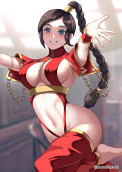 Rule 34 | 1girl, artist name, avatar: the last airbender, avatar legends, barefoot, belly dancing, blurry, blurry background, braid, braided ponytail, breasts, brown hair, chain, cleavage, clenched teeth, contrapposto, covered erect nipples, dancer, forehead, gold trim, grey eyes, haryudanto, highres, hip vent, indoors, knee up, large breasts, navel, nipples, no bra, outstretched arms, red thighhighs, revealing clothes, shadow, shrug (clothing), solo, standing, standing on one leg, teeth, thighhighs, ty lee