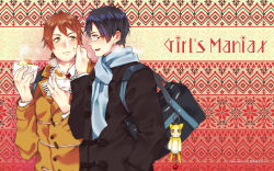 Rule 34 | 2boys, artist name, bag, baozi, black hair, blue eyes, brown hair, coat, copyright name, dlsite.com, duffel coat, eating, food, food on face, gaku (dlsite), hand on another&#039;s face, highres, charm (object), koukou jirou, looking afar, looking at another, male focus, mascot, minato (dlsite), multiple boys, official art, official wallpaper, scarf, school bag, wallpaper, yellow eyes, ziptan