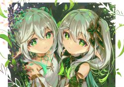 Rule 34 | 2girls, body markings, close-up, closed mouth, crying, crying with eyes open, dress, eyelashes, genshin impact, gold choker, gold trim, gradient hair, green eyes, green hair, hair between eyes, hair ornament, highres, leaf, leaf hair ornament, long hair, looking at viewer, moguyuzu, multicolored background, multicolored hair, multiple girls, nahida (genshin impact), pointy ears, rukkhadevata (genshin impact), sleeveless, sleeveless dress, smile, star-shaped pupils, star (symbol), symbol-shaped pupils, tears, white dress, white hair