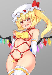Rule 34 | 1girl, arm at side, arm warmers, ascot, bare shoulders, blonde hair, body harness, borrowed design, bow, breasts, collar, commentary request, cowboy shot, crystal, daichi (tokoya), flandre scarlet, frilled thighhighs, frills, grey background, hand up, harness, hat, hat bow, highres, looking at viewer, mob cap, navel, o-ring, open mouth, red bow, red collar, red eyes, revealing clothes, side ponytail, simple background, small breasts, solo, thighhighs, touhou, white hat, white thighhighs, wide hips, wings, yellow ascot
