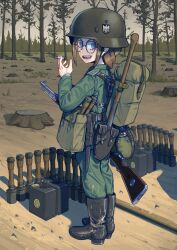 Rule 34 | 1girl, backpack, bag, bayonet, blue eyes, bolt action, boots, braid, brown hair, cigarette, combat helmet, commentary, dirty, dirty clothes, english commentary, erica (naze1940), french braid, gas can, glasses, gun, helmet, highres, holding, holding cigarette, holding gun, holding weapon, looking at viewer, mauser 98, military, military uniform, original, pants, pants tucked in, rifle, shovel, solo, stick grenade, tree stump, uniform, weapon, wehrmacht