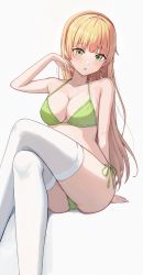 Rule 34 | 1girl, :o, adjusting hair, aftamc, arm behind back, arm support, bikini, blunt bangs, blush, breasts, cleavage, collarbone, crossed legs, green bikini, green eyes, hairband, hand up, heanna sumire, highres, large breasts, looking at viewer, love live!, love live! superstar!!, side-tie bikini bottom, simple background, solo, swimsuit, thighhighs, thighs, white background, white thighhighs