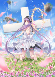 Rule 34 | 1girl, bad id, bad pixiv id, bare shoulders, barefoot, blue sky, blush, cross, day, dress, euryale (fate), euryale (third ascension) (fate), fate/grand order, fate/hollow ataraxia, fate (series), field, flower, flower field, gohei (aoi yuugure), hairband, halo, headdress, highres, jewelry, kneeling, lolita hairband, long hair, looking at viewer, looking back, nature, open mouth, outdoors, petals, purple eyes, purple hair, siblings, sky, sleeveless, sleeveless dress, solo, twintails, very long hair, white dress