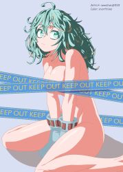 1girl absurdres artist_collaboration blue_gloves boku_no_hero_academia breasts censored censored_by_text colorized completely_nude everthine gloves green_hair hagakure_tooru highres nude simple_background thick_thighs thighs woochan0919