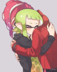 Rule 34 | 1boy, 1girl, artist name, blunt bangs, brown sweater, closed mouth, commentary, couple, dated, from side, green hair, grey background, half-closed eyes, hetero, hood, hooded jacket, hoodie, hug, inkling, inkling girl, inkling player character, jacket, light frown, long hair, long sleeves, makeup, mascara, mask, mohawk, nintendo, octoling, octoling boy, octoling player character, pointy ears, red eyes, red hair, red jacket, short hair, signature, simple background, splatoon (series), standing, suction cups, sweater, tentacle hair, yeneny