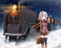 Rule 34 | 1girl, black thighhighs, blush, locomotive, miniskirt, night, original, red eyes, red scarf, scarf, skirt, snow, snowing, snowman, snowmi, solo, standing, steam locomotive, suitcase, thighhighs, white hair