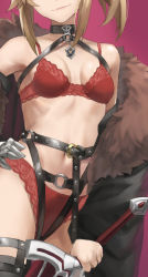 Rule 34 | 1girl, belt, blonde hair, bra, breasts, coat, collar, fate/grand order, fate (series), fur collar, gauntlets, hand on own hip, harness, head out of frame, head tilt, highres, lace, lace-trimmed bra, lace-trimmed panties, lace trim, long hair, mordred (fate), navel, panties, simple background, small breasts, smile, solo, sword, thigh belt, thigh strap, thighhighs, tonee, underwear, weapon