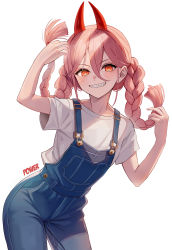 Rule 34 | 1girl, absurdres, aged down, beruko14, braid, casual, chainsaw man, character name, cowboy shot, cross-shaped pupils, demon girl, hair between eyes, hand in own hair, highres, horns, looking at viewer, oni horns, overalls, pink hair, power (chainsaw man), red eyes, sharp teeth, shirt, simple background, smile, solo, suspenders, symbol-shaped pupils, teeth, twin braids, twintails, white background, white shirt