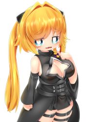 Rule 34 | 1girl, alternate hairstyle, black dress, blonde hair, blue eyes, blush, bow, braid, breasts, bright pupils, cleavage, cleavage cutout, clothing cutout, commentary request, cookie (touhou), cosplay, cowboy shot, detached sleeves, dress, hair bow, hair intakes, hair ornament, highres, kirisame marisa, konjiki no yami, konjiki no yami (cosplay), large breasts, lets0020, long hair, looking at viewer, meguru (cookie), open mouth, purple bow, side braid, simple background, single braid, sleeveless, sleeveless dress, solo, star cutout, thigh strap, to love-ru, touhou, twintails, very long hair, white background, white pupils
