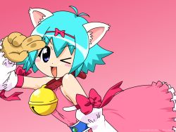 Rule 34 | 00s, 1girl, absurdres, animal ears, bare shoulders, bell, blue hair, blush, blush stickers, cat ears, collar, gradient background, happy, highres, jingle bell, leaning forward, nhk ni youkoso!, one eye closed, pink background, pururin, salute, short hair, simple background, smile, solo, tagme, wink