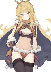 Rule 34 | 1girl, arm at side, bikini, black cape, black gloves, black thighhighs, blonde hair, blunt bangs, breasts, cagliostro (granblue fantasy), cape, capelet, christmas, cleavage, commentary, cowboy shot, english commentary, fur-trimmed bikini, fur-trimmed capelet, fur-trimmed gloves, fur trim, furrowed brow, gloves, granblue fantasy, hand on own hip, highres, holly, light blush, light frown, long hair, navel, punished pigeon, purple eyes, red capelet, sidelocks, signature, sketch, small breasts, spiked headband, swimsuit, thighhighs, tiara