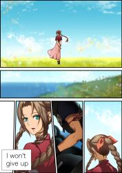 Rule 34 | 1boy, 1girl, aerith gainsborough, arm ribbon, armor, arms behind back, blue sky, boots, braid, braided ponytail, brown hair, choker, cloud strife, cropped jacket, dress, english text, field, final fantasy, final fantasy vii, final fantasy vii advent children, flower, flower field, green eyes, hair ribbon, halu-ca, highres, jacket, long dress, long hair, looking at viewer, looking back, on motorcycle, outdoors, parted bangs, pink dress, pink ribbon, red jacket, ribbon, ribbon choker, sequential, shoulder armor, sidelocks, sky, square enix, standing