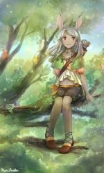 Rule 34 | 00s, 1girl, animal ears, bird, bow (weapon), rabbit ears, dark skin, dark-skinned female, day, final fantasy, final fantasy xii, kari avalon, looking at viewer, outdoors, red eyes, silver hair, smile, solo, tree, viera, weapon