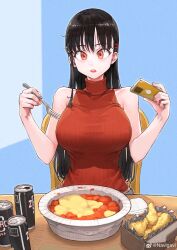 Rule 34 | 1girl, absurdres, bare shoulders, big sister (navigavi), black hair, blue background, breasts, can, cellphone, chair, commentary request, food, food request, fork, fried chicken, hair ornament, hairclip, highres, holding, holding fork, holding phone, jun (navigavi), large breasts, long hair, looking at viewer, napkin, open mouth, original, phone, red eyes, red sweater, sitting, sleeveless, sleeveless sweater, solo, sweater, teeth, turtleneck, turtleneck sweater, upper teeth only