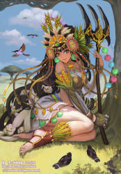 Rule 34 | 1girl, abundant flower maiden patricia, bare shoulders, barefoot, barefoot sandals (jewelry), bird, brown hair, cardfight!! vanguard, company name, dated, day, feathers, full body, gloves, grass, hat, leaf, long hair, midriff, nail polish, navel, official art, outdoors, polearm, single glove, sitting, sky, solo, teeth, toeless legwear, toes, toned, tree, trident, very long hair, weapon, xiaji, yellow eyes