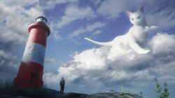 Rule 34 | 1boy, absurdres, amamidori, animal, blue sky, building, cat, cloud, day, highres, lighthouse, looking up, outdoors, oversized animal, scp foundation, sky, standing