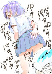 Rule 34 | 1girl, absurdres, blush, covering privates, covering ass, dated, closed eyes, fingernails, from behind, geshumaro, hand fan, highres, medium hair, miniskirt, open mouth, original, paper fan, pleated skirt, purple skirt, school uniform, shirt, short sleeves, signature, simple background, skirt, solo, teeth, upper teeth only, white background, white shirt