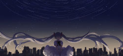 Rule 34 | 1girl, aqua-, blue eyes, blue hair, bow, bowtie, building, cityscape, closed mouth, commentary, cowboy shot, dress, floating hair, frilled dress, frills, hatsune miku, highres, layered dress, light smile, long hair, looking at viewer, night, night sky, own hands together, puffy short sleeves, puffy sleeves, red bow, red bowtie, short sleeves, sky, solo, standing, star (sky), star trail, starry sky, straight-on, twintails, very long hair, vocaloid, white dress