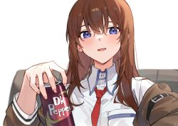Rule 34 | 1girl, :d, blue eyes, blush, brown hair, brown jacket, can, collared shirt, drink can, fingernails, hair between eyes, highres, holding, holding can, jacket, long hair, long sleeves, looking at viewer, makise kurisu, necktie, off shoulder, open clothes, open jacket, open mouth, red necktie, shirt, simple background, smile, soda can, solo, steins;gate, tsukino (nakajimaseiki), upper body, white background, white shirt