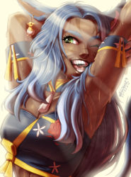 Rule 34 | 1girl, absurdres, animal ears, arched back, armband, armpits, arms up, warrior of light (ff14), blue hair, breasts, cat ears, cat girl, choker, cleavage, close-up, commentary, commission, dark-skinned female, dark skin, english commentary, eyelashes, eyeliner, facial mark, fangs, final fantasy, final fantasy xiv, forehead, green eyes, hands in hair, highres, lips, long hair, makeup, medium breasts, midriff, miqo&#039;te, nose, one eye closed, open mouth, pltnm ghost, slit pupils, solo, strapless, sweat, thick eyebrows, tube top, whisker markings