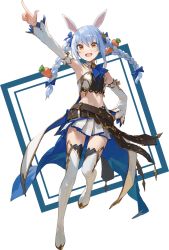 Rule 34 | 1girl, :d, animal ears, arm up, armpits, artist request, ascot, bare shoulders, belt, belt skirt, blue hair, boots, bow, braid, breasts, carrot hair ornament, food-themed hair ornament, full body, hair bow, hair ornament, highres, hololive, index finger raised, key visual, long hair, looking at viewer, midriff, multicolored hair, multiple belts, navel, official art, open mouth, pointing, pointing up, pointy ears, promotional art, rabbit ears, rabbit girl, small breasts, smile, solo, thighhighs, transparent background, twin braids, usada pekora, virtual youtuber, white footwear, white hair, zettai ryouiki