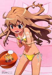 Rule 34 | 1girl, :o, absurdres, aisaka taiga, ball, bangle, beachball, bikini, bikini tan, blush, body writing, bow, bracelet, breast hold, breasts, breasts squeezed together, brown hair, character name, cleavage, cowboy shot, crossed arms, embarrassed, floral print, frilled bikini, frills, groin, highres, jewelry, leaning forward, long hair, looking down, lowleg, lowleg bikini, megami magazine, official art, palmtop tiger, partially translated, pink background, pink eyes, profile, scan, side-tie bikini bottom, small breasts, solo, standing, string bikini, striped bikini, striped clothes, sun tattoo, surprised, swimsuit, tan, tan tattoo, tanaka masayoshi, tanline, tattoo, tiger, toradora!, translation request, transparent, untied, wardrobe malfunction, wavy hair, wide hips, yellow bikini, zoom layer