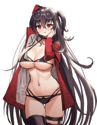 Rule 34 | 1girl, absurdres, arm behind head, arm up, azur lane, bad id, bad pixiv id, bikini, black-framed eyewear, black bikini, black hair, black thighhighs, blush, breasts, cleavage, closed mouth, collarbone, cowboy shot, eyewear on head, glasses, hair between eyes, hand on own cheek, hand on own face, hand up, highres, hyoin, jacket, large breasts, long hair, long sleeves, navel, official alternate costume, one side up, open clothes, open jacket, red eyes, red jacket, simple background, smile, solo, stomach, swimsuit, taihou (enraptured companion) (azur lane), thigh gap, thigh strap, thighhighs, underboob, very long hair, white background