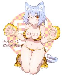 Rule 34 | 1girl, 2022, animal ear fluff, animal ears, animal hands, animal print, bikini, blue hair, blush, breasts, cat ears, cat tail, chinese zodiac, cleavage, collarbone, facial scar, gloves, groin, halterneck, happy new year, highres, kneeling, large breasts, looking at viewer, navel, new year, one eye closed, orange eyes, original, paw gloves, paw shoes, ryota tentei, scar, scar across eye, scar on cheek, scar on face, short hair, shorts, side-tie bikini bottom, solo, string bikini, swimsuit, tail, tiger print, tora tentei, year of the tiger