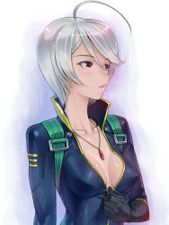 Rule 34 | 10s, 1girl, ahoge, blush, bodysuit, breasts, bubuzuke, cleavage, jewelry, lips, necklace, pendant, red eyes, shiny clothes, silver hair, skin tight, small breasts, solo, uchuu senkan yamato, uchuu senkan yamato 2199, uniform, unzipped, upper body, yamamoto akira