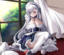 Rule 34 | 1girl, absurdres, arms behind back, azur lane, belfast (azur lane), blue eyes, blush, braid, breasts, cleavage, closed mouth, collarbone, cup, dress, floor, french braid, full body, garter straps, highres, large breasts, long hair, looking at viewer, maid, maid headdress, on floor, shoes, silver hair, simple background, solo, teacup, thighhighs, tray, white thighhighs, window, yan lie