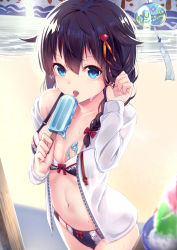 Rule 34 | 10s, 1girl, black bra, black hair, black panties, blue eyes, bow, bow bra, bow panties, bra, braid, breasts, cleavage, cowboy shot, day, eating, food, hair between eyes, hair flaps, hair ornament, kantai collection, licking, long hair, looking at viewer, navel, outdoors, panties, popsicle, red bow, see-through, shigure (kancolle), shigure kai ni (kancolle), side braid, single braid, small breasts, solo, underwear, wet, wet clothes, yan (nicknikg)