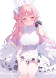 Rule 34 | 1girl, angel wings, bare shoulders, blue archive, blush, bow, breasts, dress, feathered wings, flower, hair bun, hair flower, hair ornament, halo, hana mori, highres, large breasts, long hair, looking at viewer, low wings, mika (blue archive), pink hair, scrunchie, single side bun, smile, solo, teeth, thighs, very long hair, white background, white dress, white wings, wings, yellow eyes