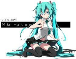 Rule 34 | 1girl, aqua hair, bare shoulders, blue eyes, blush, boots, character name, clothes lift, hatsune miku, headset, kneeling, long hair, navel, necktie, panties, skirt, skirt lift, smile, solo, striped clothes, striped panties, suemizu yuzuki, thigh boots, thighhighs, twintails, underwear, upskirt, very long hair, vocaloid