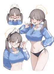 Rule 34 | 1girl, bikini, black bikini, black ribbon, blue archive, blue hoodie, blush, breasts, brown eyes, closed mouth, cropped hoodie, cropped legs, glasses, gmi (jimmyovob), hair ribbon, halo, highres, hood, hoodie, large breasts, light brown hair, long hair, long sleeves, moe (blue archive), moe (swimsuit) (blue archive), multiple views, navel, official alternate costume, open mouth, ribbon, round eyewear, side-tie bikini bottom, simple background, smile, swimsuit, twintails, white background, yellow halo