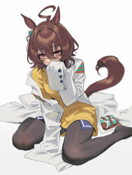 Rule 34 | 1girl, agnes tachyon (umamusume), ahoge, animal ears, bandolier, black pantyhose, blurry, blurry background, blush, brown hair, coat, collared shirt, commentary, covering own mouth, hair between eyes, highres, horse ears, horse girl, horse tail, looking at viewer, no shoes, on ground, open clothes, open coat, pantyhose, red eyes, sarcophage, shirt, short hair, sitting, sleeves past fingers, sleeves past wrists, solo, sweater vest, tail, test tube, umamusume, wariza, white coat, yellow sweater vest