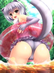 Rule 34 | 10s, 1girl, animal ears, ass, bare shoulders, blush, breasts, cameltoe, elbow gloves, fingerless gloves, from behind, gloves, grey eyes, highres, innertube, kemono friends, large breasts, leaning, leaning forward, looking at viewer, one-piece swimsuit, open mouth, shiny clothes, shiny skin, shocchan (sanymph), short hair, sideboob, silver hair, skirt, small-clawed otter (kemono friends), smile, solo, swim ring, swimsuit, tail, thighs, water, wet