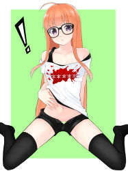 Rule 34 | !, 1girl, absurdres, ahoge, bad id, bad pixiv id, black-framed eyewear, black shorts, black thighhighs, blunt bangs, breasts, closed mouth, clothes lift, collarbone, glasses, green background, green panties, highres, lifted by self, long hair, looking at viewer, midriff, navel, off-shoulder shirt, off shoulder, open clothes, open shorts, orange hair, outside border, panties, panty peek, persona, persona 5, print shirt, purple eyes, reneph, sakura futaba, shirt, shirt lift, short shorts, short sleeves, shorts, sitting, small breasts, solo, stomach, straight hair, thighhighs, tongue, tongue out, two-tone background, underwear, very long hair, wariza, white background, white shirt
