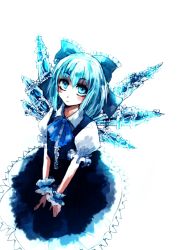 Rule 34 | 1girl, bad id, bad pixiv id, blue eyes, blue hair, bow, cirno, female focus, hair bow, matching hair/eyes, okisute, short hair, solo, embodiment of scarlet devil, touhou, white background, wings, wrist cuffs