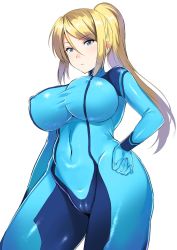 Rule 34 | 1girl, ameno shigure, arm at side, blonde hair, blue bodysuit, blue hair, bodysuit, breasts, cameltoe, cleft of venus, closed mouth, covered erect nipples, covered navel, cowboy shot, expressionless, groin, hand on own hip, high ponytail, highres, impossible bodysuit, impossible clothes, large breasts, long hair, looking at viewer, metroid, nintendo, ponytail, samus aran, shiny clothes, sidelocks, skin tight, solo, swept bangs, turtleneck, zero suit