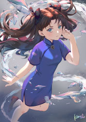 Rule 34 | 1girl, arm at side, bare arms, bare legs, black bow, black hair, blue dress, blue eyes, bow, breasts, brown hair, china dress, chinese clothes, clip studio paint (medium), commentary, cross, dress, english commentary, fate (series), feet out of frame, floating hair, glass, hair bow, hand up, highres, kamui (kamuikaoru), light particles, long hair, looking at viewer, medium breasts, school uniform, shards, shoes, short dress, short sleeves, solo, tohsaka rin, two side up, water