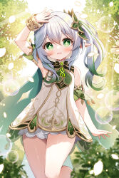 Rule 34 | + +, 1girl, :d, arm up, blush, bubble, commentary request, cross-shaped pupils, dress, genshin impact, green eyes, green hair, grey hair, hair between eyes, hair ornament, highres, long hair, looking at viewer, mauve, multicolored hair, nahida (genshin impact), open mouth, petals, pointy ears, ringed eyes, short shorts, shorts, shorts under dress, side ponytail, sleeveless, sleeveless dress, smile, solo, standing, standing on one leg, streaked hair, symbol-shaped pupils, white dress, white shorts