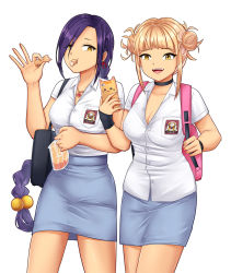 Rule 34 | 2girls, backpack, bag, black choker, blonde hair, boku no hero academia, braid, breasts, cellphone, chikujouin magane, choker, cleavage, commentary request, crossover, culton, double bun, earrings, eating, fangs, food, hair between eyes, hair bun, jewelry, long hair, looking at another, medium breasts, multiple girls, necklace, pencil skirt, phone, purple hair, re:creators, school uniform, second-party source, simple background, single braid, skirt, toga himiko, torii earrings, trait connection, unbuttoned, unbuttoned shirt, very long hair, white background, yellow eyes