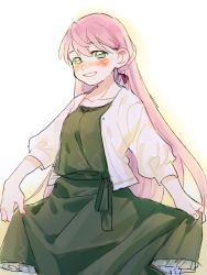 Rule 34 | 1girl, akashi (kancolle), alternate costume, blush, breasts, d.y.x., dress, frilled dress, frills, green dress, grin, hair between eyes, hair ribbon, jacket, kantai collection, long hair, pink hair, ribbon, simple background, skirt hold, small breasts, smile, solo, very long hair, white background, white jacket