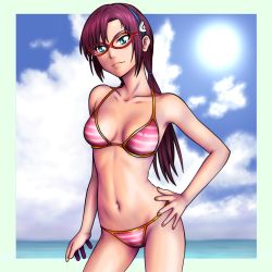 Rule 34 | 00s, 1girl, bikini, blue eyes, breasts, covered erect nipples, day, evangelion: 2.0 you can (not) advance, glasses, hand on own hip, hip focus, long hair, makinami mari illustrious, medium breasts, neon genesis evangelion, nike (0306), rebuild of evangelion, red hair, solo, striped bikini, striped clothes, sun, swimsuit, twintails
