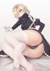 Rule 34 | 1girl, absurdres, ass, azur lane, black dress, black panties, blonde hair, braid, breasts, cameltoe, cleaning, clenched teeth, dress, feet, foot focus, foreshortening, garter straps, hair over one eye, highres, john zerowb, long sleeves, looking at viewer, looking back, maid, maid headdress, medium breasts, no shoes, panties, partially visible vulva, cameltoe, sheffield (azur lane), short hair, simple background, sitting, solo, teeth, thighhighs, thighs, underwear, white background, white thighhighs, yellow eyes, yokozuwari